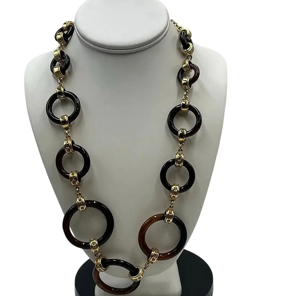 Kate Spade Faux Tortoise Shell Circle Gold Tone Links yellow rhinestone Necklace